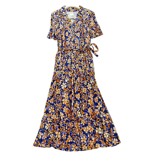 丁摩 桑蚕丝V领翻领收腰连衣裙S351 商品图4