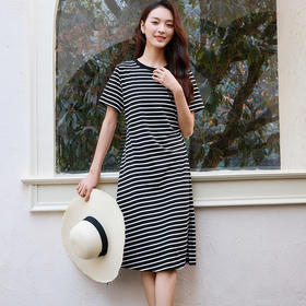 玳莎黑白条纹连衣裙2025夏季新款宽松显瘦休闲百搭短袖圆领中长裙  FB35101