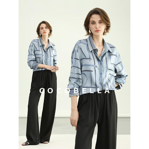 COCOBELLA时尚定位印花缎面衬衫女夏知性蓝通勤上衣SR3098-2 商品图1