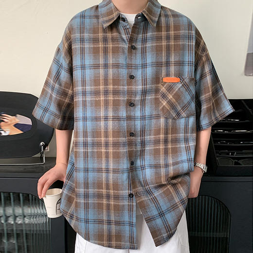 【特大码】【新款DH】大依优型大码短袖衬衫时尚翻领格子雷萨加肥加大休闲胖子宽松上衣男装潮流 商品图2