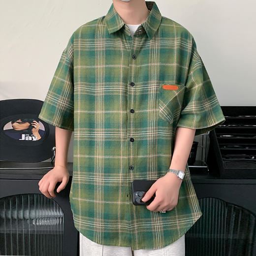 【特大码】【新款DH】大依优型大码短袖衬衫时尚翻领格子雷萨加肥加大休闲胖子宽松上衣男装潮流 商品图4