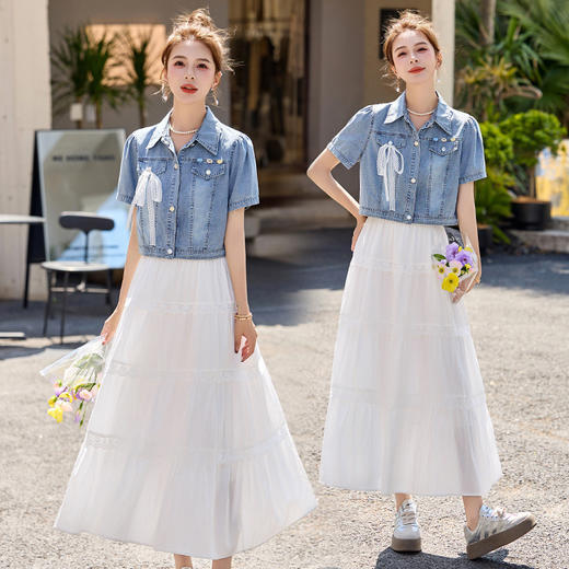 时尚牛仔两件套连衣裙2025夏季新款外套搭配蕾丝吊带蛋糕裙套装 商品图2