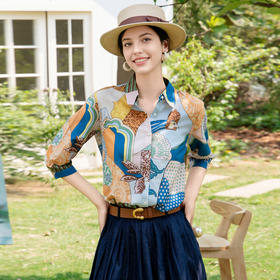 谜底花色衬衫七分袖女2025夏新款通勤抽象原创印花衬衣256MC6284