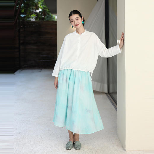 绽放195朵/【宋瓷系列】双层苎麻天青渐变印花全腰松紧半身长裙 商品图2