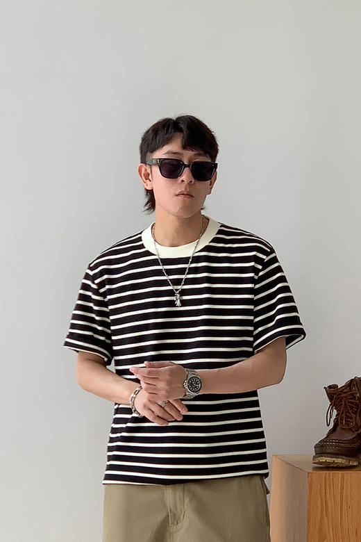 徐太浪时尚撞色条纹短袖T恤男2025新款夏季五分袖海魂衫男生上衣 商品图4