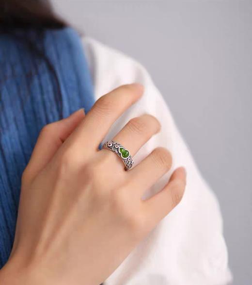 通体s925纯银碧玉祥云平安葫芦镶嵌红锆石活口戒指 商品图1