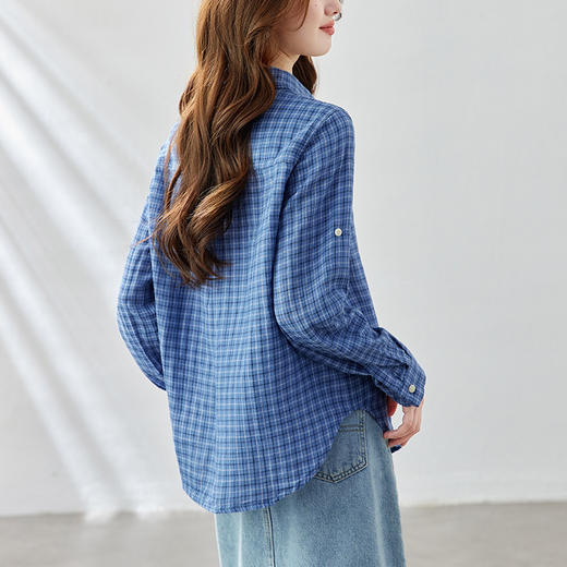 百媚生 春秋季外搭韩系蓝色格子衬衫外套51093 商品图3