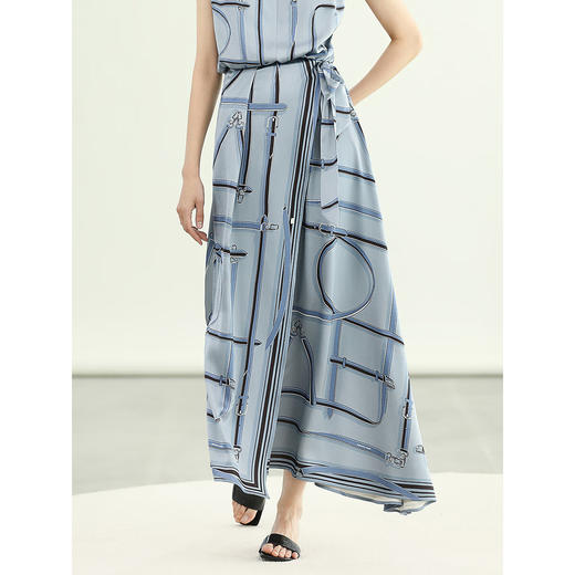 COCOBELLA知性蓝重磅缎面半身裙女早秋设计感印花长裙HS3112-2 商品图1