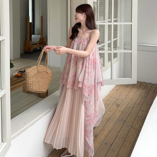 西遇拼接吊带连衣裙女夏季新款晕染假两件度假风薄纱长裙SS050523 商品图1