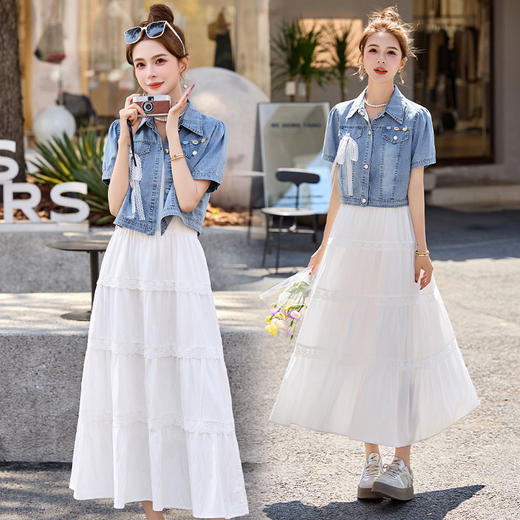 时尚牛仔两件套连衣裙2025夏季新款外套搭配蕾丝吊带蛋糕裙套装 商品图3