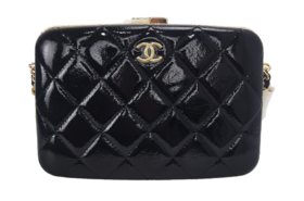 CHANEL香奈儿 金属链条品牌Logo 羊皮 化妆盒手袋单肩斜挎包 黑色