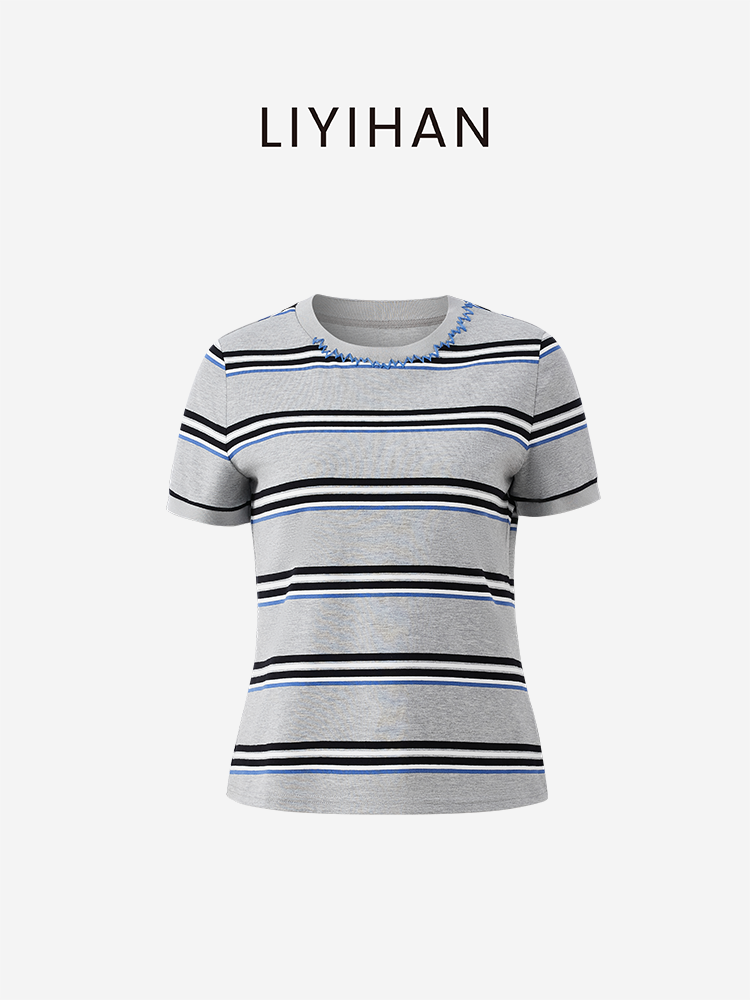 LIYIHAN序章 | 25夏棉条纹手工缝线T恤短款圆领宽松百搭短袖舒适