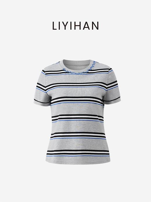 LIYIHAN序章 | 25夏棉条纹手工缝线T恤短款圆领宽松百搭短袖舒适 商品图0