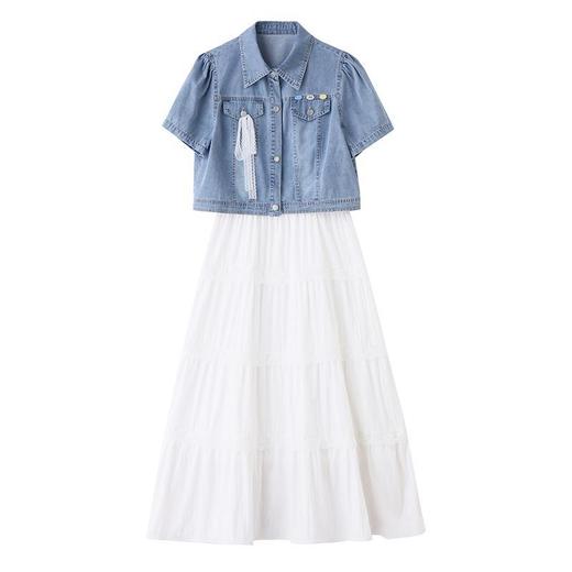 时尚牛仔两件套连衣裙2025夏季新款外套搭配蕾丝吊带蛋糕裙套装 商品图4