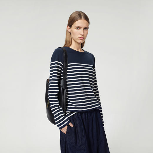 ROMI STUDIO“经典复古”100棉蓝白条纹宽松圆领长袖T恤RW24ASZ0345 商品图1