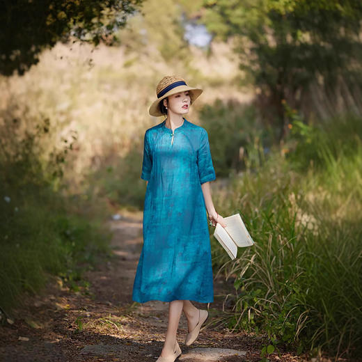 丁摩 苎麻连衣裙五分袖立领盘扣改良旗袍裙中长裙女96267 商品图1