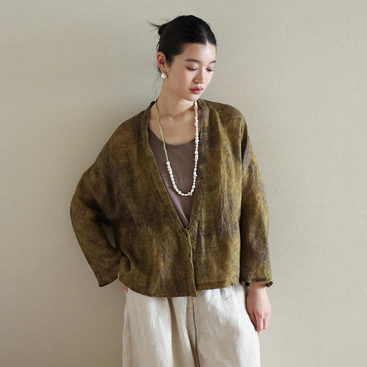 绽放193朵/【宋瓷系列】纯亚麻纹理印花轻薄中式插肩系带短外套 商品图0