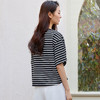 玳莎设计感条纹落肩T恤女2025夏季新款休闲收腰打褶绣花圆领上衣  FB32102 商品缩略图1
