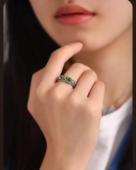 通体s925纯银碧玉祥云平安葫芦镶嵌红锆石活口戒指