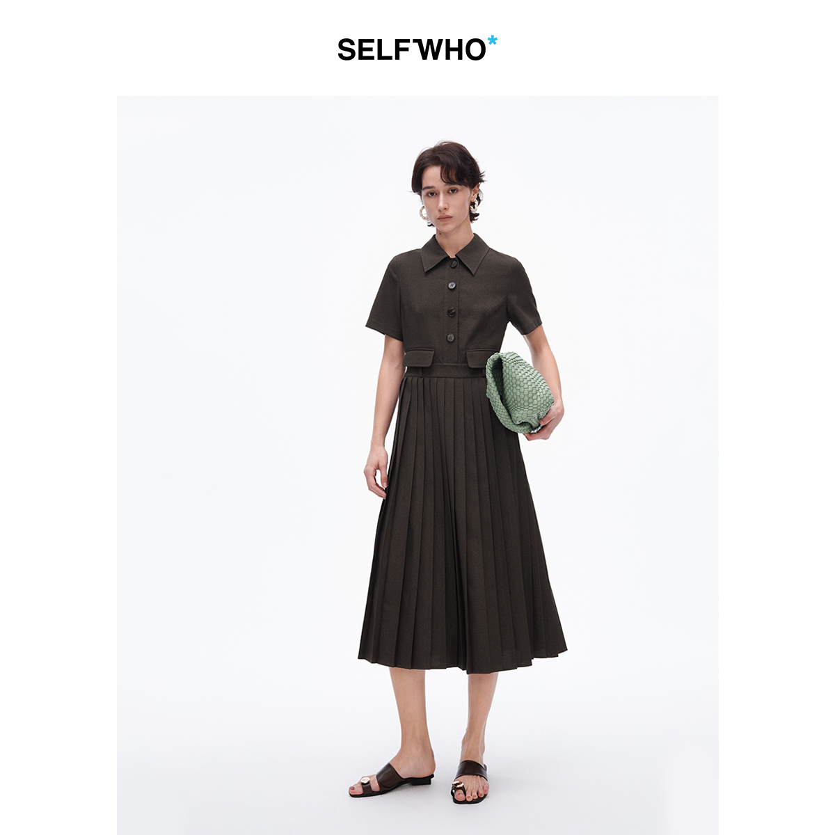 SELFWHO复古衬衫连衣裙女2025夏新款高腰显瘦气质通勤a字百褶裙子