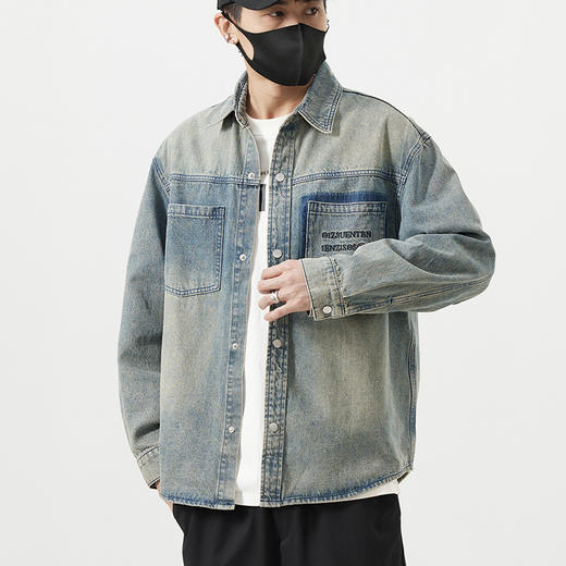 【DQ】大依优型大码男装复古牛仔衬衫宽松百搭潮牌刺绣衬衣外套男上衣胖子潮流 商品图2