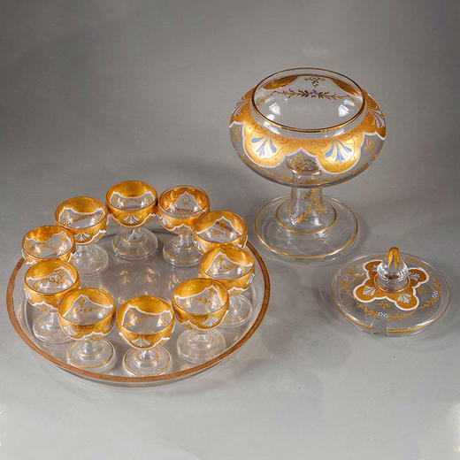 独角鹿西洋古董 1930年代意大利出品卷叶繁花主题手绘描金装饰穆拉诺水晶酒具套件 商品图0