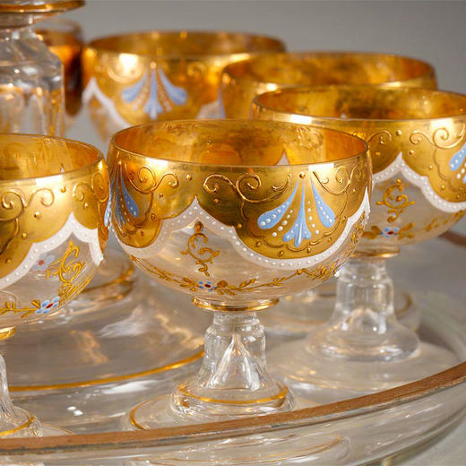 独角鹿西洋古董 1930年代意大利出品卷叶繁花主题手绘描金装饰穆拉诺水晶酒具套件 商品图4