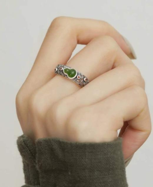 通体s925纯银碧玉祥云平安葫芦镶嵌红锆石活口戒指 商品图7