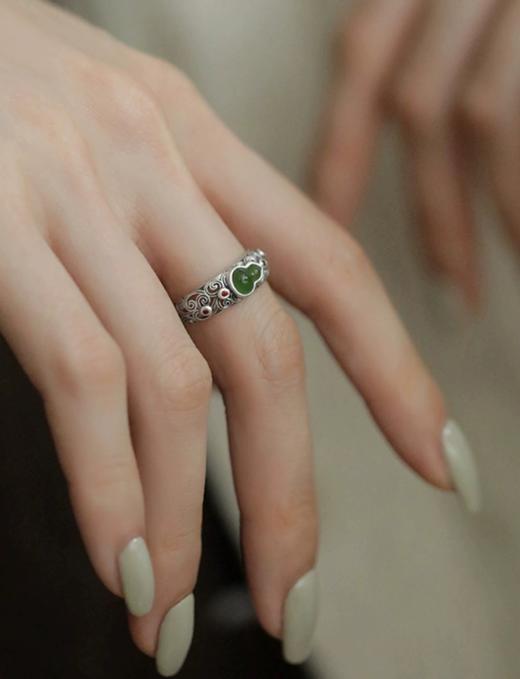 通体s925纯银碧玉祥云平安葫芦镶嵌红锆石活口戒指 商品图4