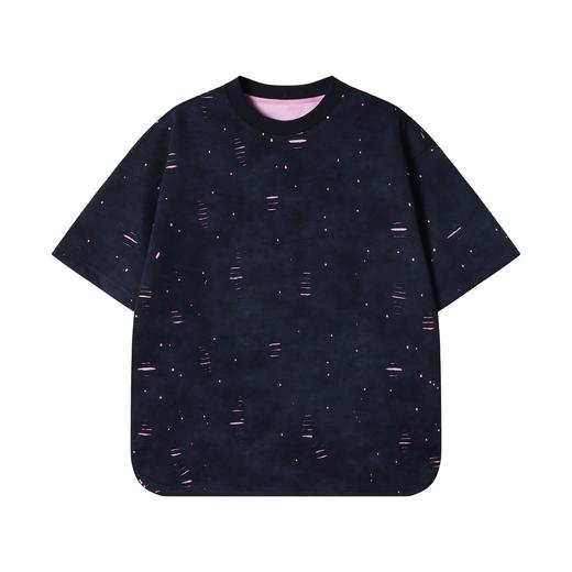 T2984夏季高级感新款美式撞色破洞圆领短袖T恤情侣宽松潮流时尚上衣 商品图0