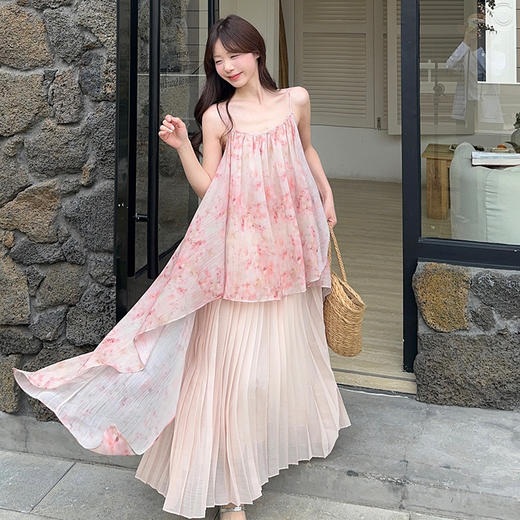 西遇拼接吊带连衣裙女夏季新款晕染假两件度假风薄纱长裙SS050523 商品图0