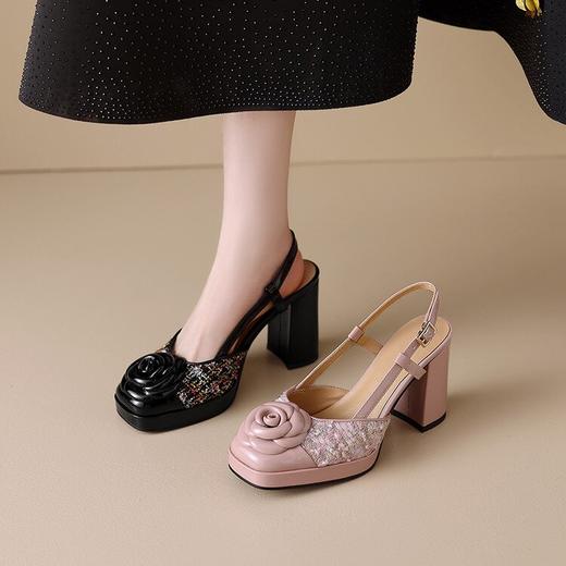 【预售5天】包头厚底花朵仙女凉鞋女真皮新款夏季拼色高跟粗跟百搭罗马鞋KMN&T12 商品图3