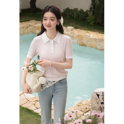 鹿向南「时尚轻语」浅粉色Polo领针织衫夏日新款时尚修身显瘦上衣L55012 商品图3