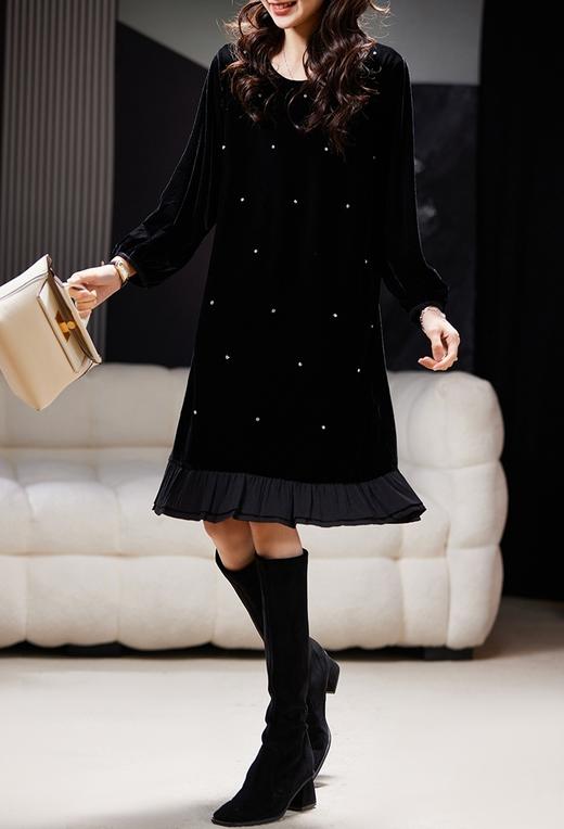 高矮胖瘦通吃重工钉钻丝绒拼接荷叶边连衣裙 商品图12