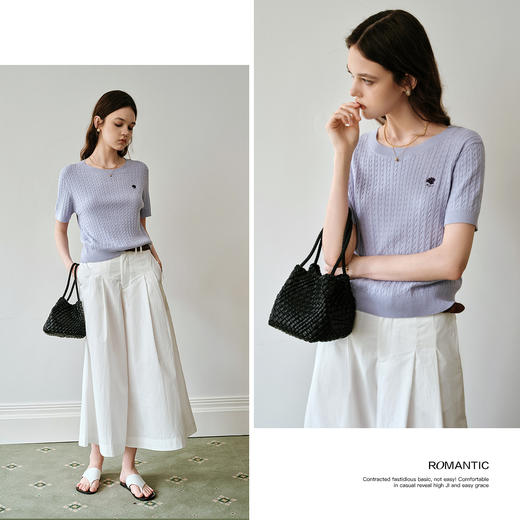 OLrain欧芮儿紫色法式通勤毛针织套头衫夏季2025新款修身短袖上衣 商品图1