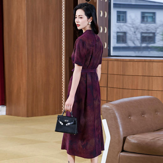 丁摩扎染香云纱连衣裙女新款衬衫领印花桑蚕丝系带真丝裙AL221878 商品图3