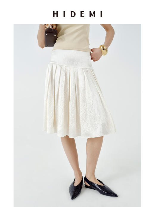 HIDEMI 极简设计感珠光艺术感进口再生醋酯纤维纱线拼接百褶显瘦半身裙 白珍珠/黑珍珠 商品图3