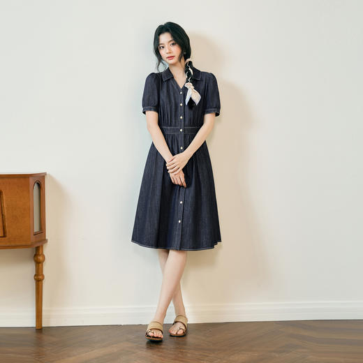 【严选】诗凡黎醋酸原色牛仔裙2025夏新款时髦气质高级感衬衫领连衣裙7G4490061 商品图1