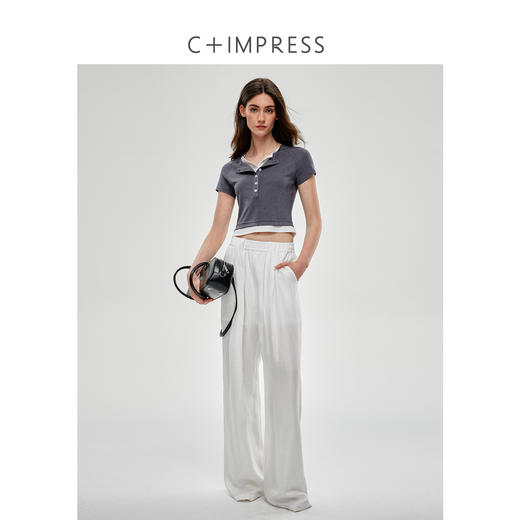 C+IMPRESS/西嘉兰精天丝醋酸 浅春系假两件亨利领短袖T恤女夏上衣T2502011
 商品图3