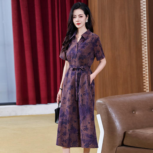 丁摩扎染香云纱连衣裙女新款衬衫领印花桑蚕丝系带真丝裙AL221878 商品图2