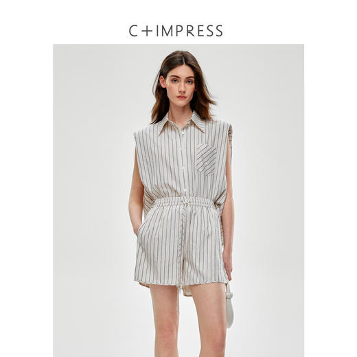 C+IMPRESS/西嘉天丝醋酸亚麻混纺 懒人B入无袖衬衫短裤套装女夏季CS2502032 商品图0