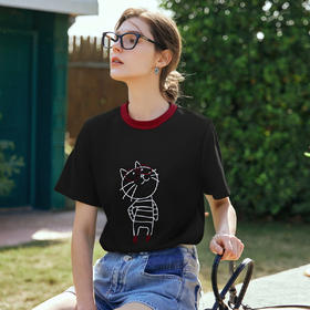 OLrain欧芮儿黑色设计感T恤女夏季2025新款卡通猫咪减龄撞色上衣