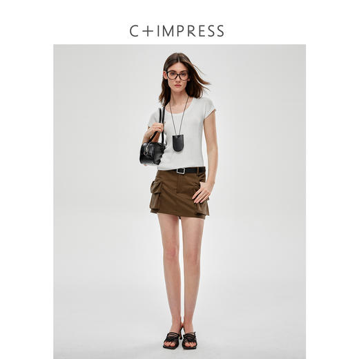 C+IMPRESS/西嘉三醋酸天丝羊毛 秒变气质精 大U领显瘦针织短袖T恤T2502042
 商品图5