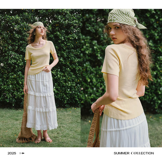 OLrain欧芮儿法式简约风毛针织套头衫女夏季2025年新款低圆领上衣 商品图1