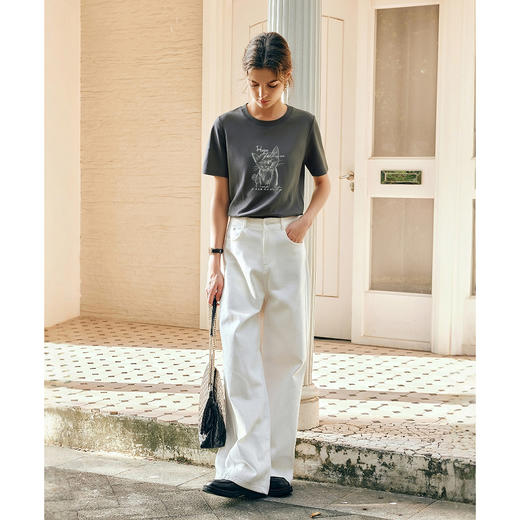 欧芮儿2025夏季新款小猫印花设计感短袖正肩T恤宽松圆领上衣女 商品图1