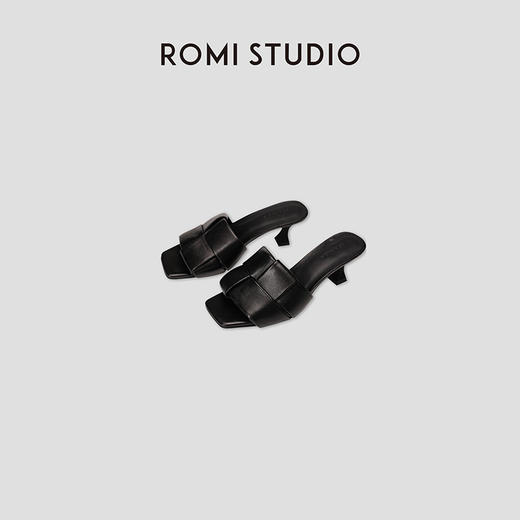 ROMI STUDIO“简约优雅" 手工编织方头一字高跟露趾拖鞋凉鞋 S8005 商品图1