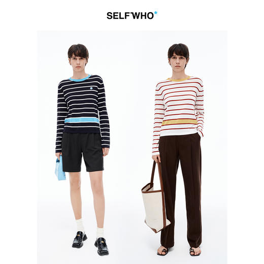 【笑脸衣橱】SELFWHO醋酸棉混纺撞色条纹针织长袖t恤女2025夏新款圆领宽松上衣 商品图1