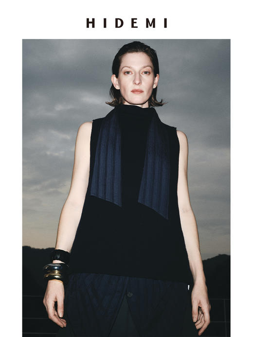 HIDEMI海军藏蓝极简围巾设计感纽扣廓形小飞袖中长款衬衫 商品图0