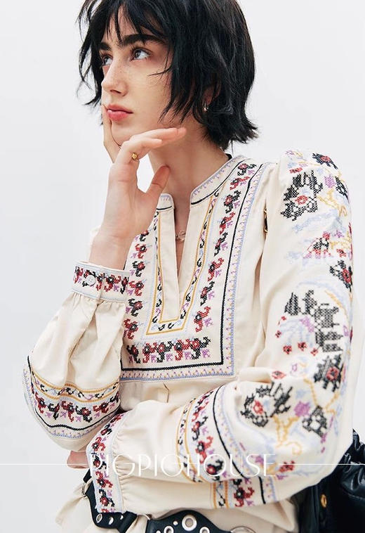 b@sh法式印花V领民族风棉亚麻混纺衬衫040803 商品图2