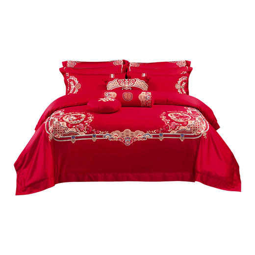雅芳婷婚庆系列结婚九件套全棉被单床单双人红色刺绣连芯扣套件 商品图4